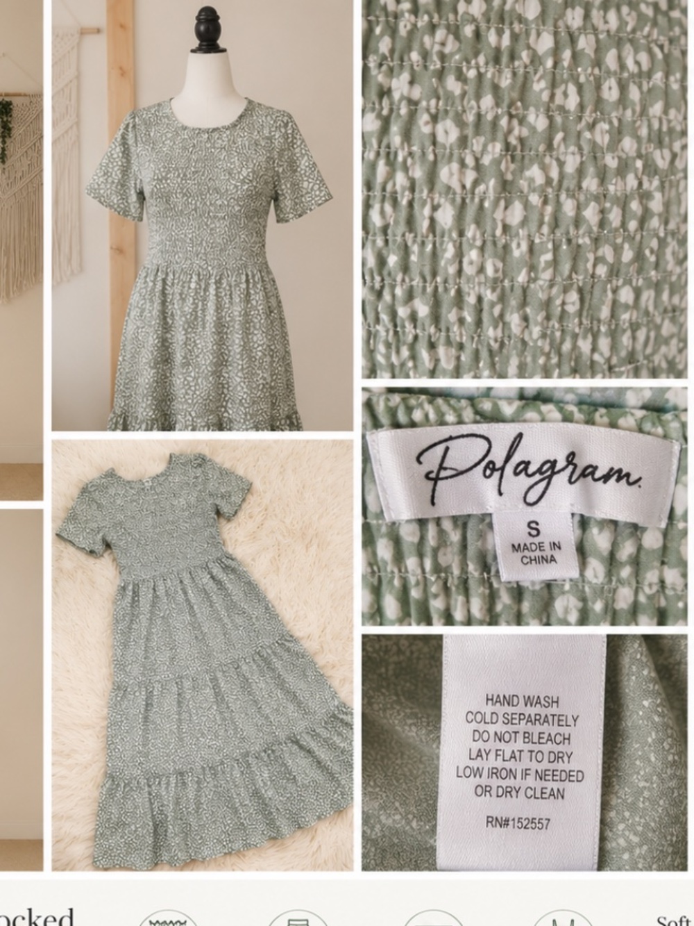 Polagram Smocked Tiered Maxi Dress Sage Green Floral Small Cottagecore - Picture 2 of 8